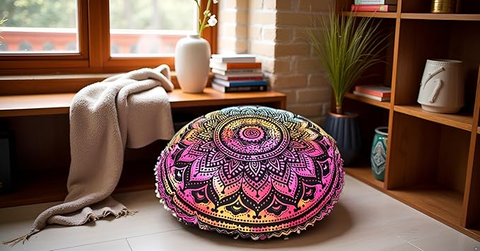 CRAFT KALA Boho Large Floor Pillow Pouf Cover Mandala Meditation Room Pillow Cover for Adults Round Bohemian Seating Pouf Cushion Cover for Kids Playroom 22" Multi Ombre