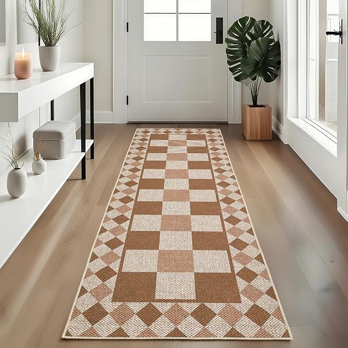 GarveeHome Checkered Jute Runner Rug 2x6 Kitchen Runner Rugs Indoor Outdoor Entryway Rug Non-Slip Washable Jute Rugs for Hallway Non Shedding Neutral Carpet for Bedside Entry Front Door Porch, Brown