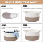 ShellKingdom Laundry Basket, Large Natural Rope Woven Storage Basket with Handles for Home, Living Room, Laundry, Storage Organizer for Blankets, Clothes, Plant, Toys, 13.78 x 21.65 INCH (White Brown)