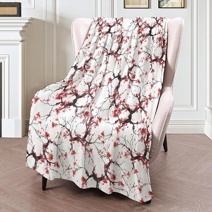 Plum Blossom Blanket 50×60 Inch,Japanese Asian Ink Painting Style Lightweight Flannel Throw with Red Flowers on White,Zen Minimalist Art Home Decor,Gifts for Girls,Women