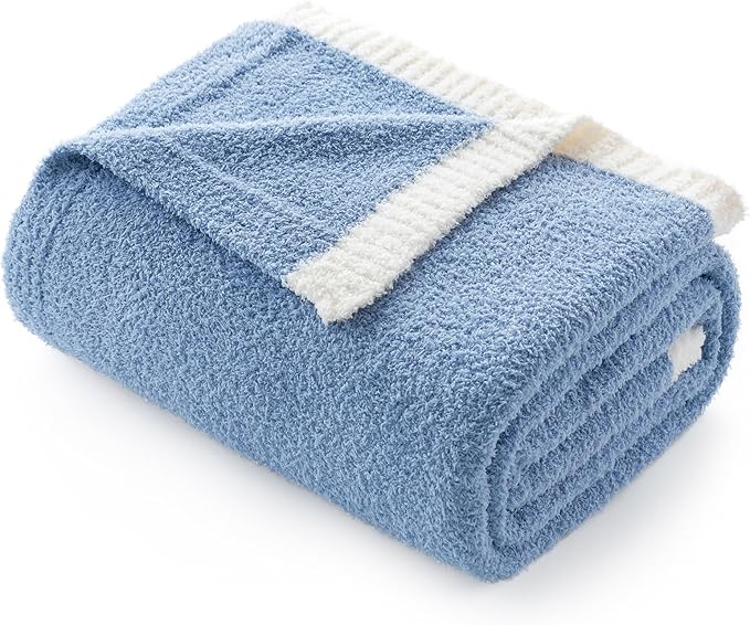 Snuggle Sac Blue Throw Blanket for Couch Bed Sofa 60x80 inches, Reversible Blue Blanket Microfiber Fluffy Fuzzy Cozy Knit Twin Blanket for Women Mothers Birthday Gifts