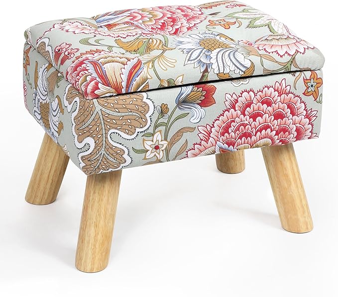 Square Storage Ottoman with Sturdy Wood Legs, Tufted Upholstered Footstool 14.5”L × 10.6”W × 11.4”H Boho Floral Upholstered Storage Footrest, Suitable for Living Room, Bedroom, Couch, Enterway