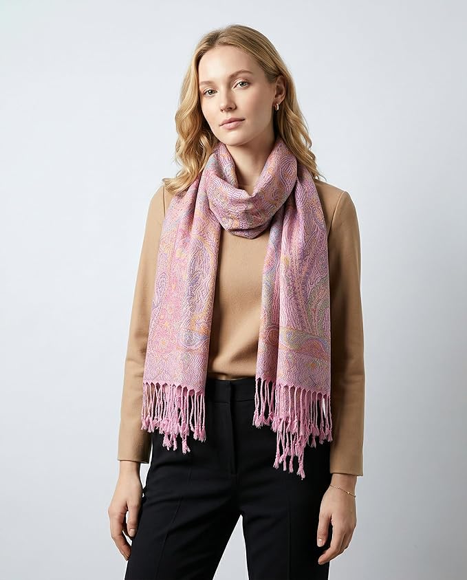 Achillea Reversible Paisley Pashmina Rave Scarf – Exotic Indian Shawls and Wraps for Evening Dresses, Festivals, All Seasons