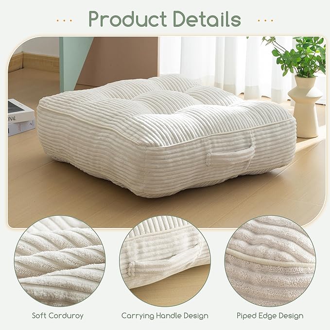 HIGOGOGO 6" Extra Thick Floor Pillow Cushion for Adults, Meditation Cushion Pillow, Large Square Floor Sitting, Tufted Corduroy Cover, for Tatami Living Room or Yoga, 22x22 Inch, 2Pack, Beige