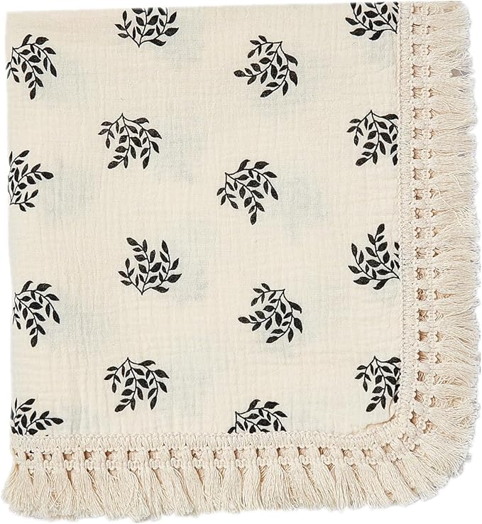 insular Cotton Muslin Baby Blanket with Tassel, Boho Bohemian Muslin Swaddle Blanket Baby Receiving Blanket with Fringe, Nursery Decor Throw or Nursing Blankets, 47" x40”, Black Leaf