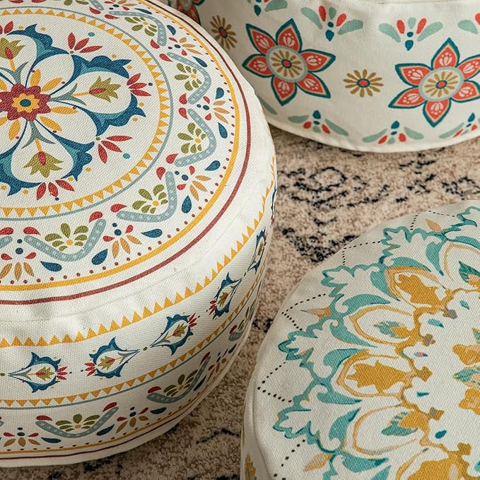 MOCOFO Round Bohemian Ottoman Pouf Cover, 18 Inch, Cotton Blend, Church Window Print, Living Room Storage Footrest, Cover Only (Little Wild)