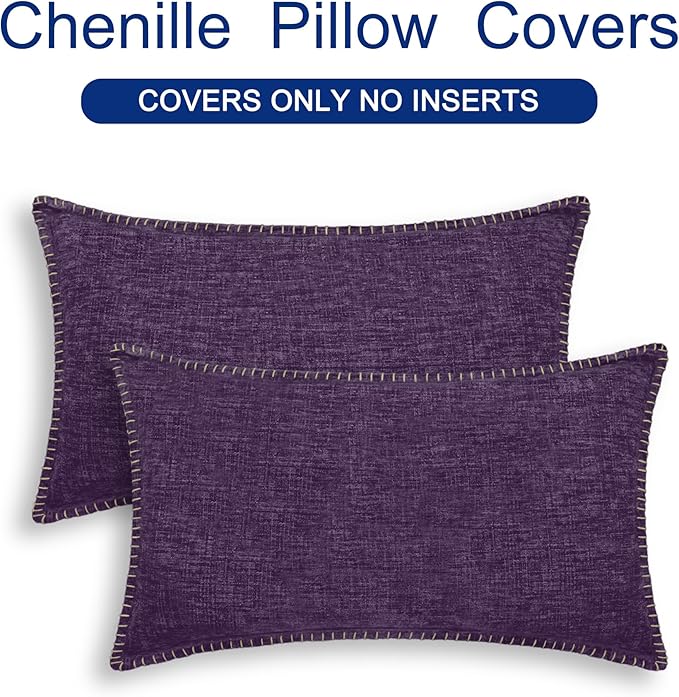 CaliTime Throw Pillow Covers Decorative 12 X 20 Inches Pack of 2 Cotton Thread Stitching Edges Solid Dyed Soft Chenille Cushion Cases for Couch Sofa Bed Living Room Farmhouse Plum Purple
