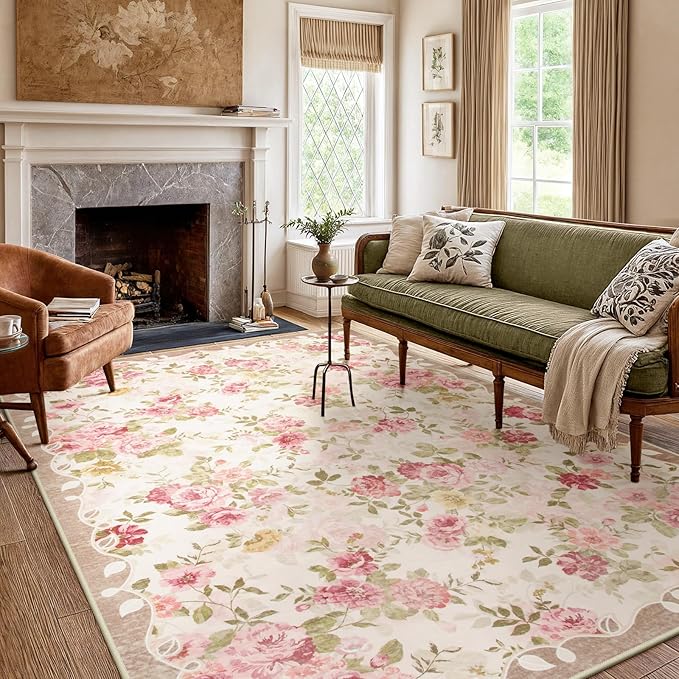 Lahome Floral Washable Rugs 5x7,Rugs for Living Room Boho Area Rug,Vintage Rugs for Bedroom Girls Non Slip Low Pile Ultra-Thin Large Carpet for Farmhouse,Dining Room,Kids Playroom Nina (5'X7',Beige)