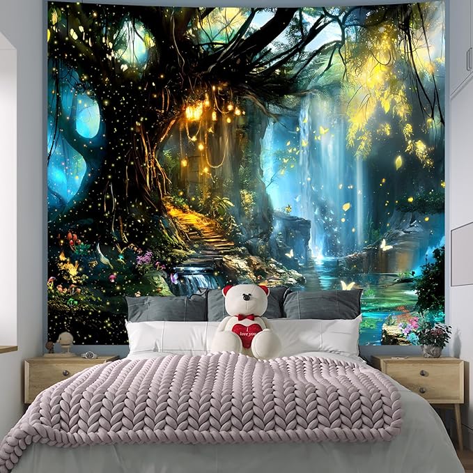 Apdidl Forest Nature Tapestry for Bedroom, Tree of Life Fantasy Backdrop Wall Mural Tapestries, Fairy Tales Magical Waterfall Landscape Large Tree Butterfly Wall Hanging for Living Room Decor 51"X60"