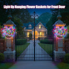 Solar Hanging Basket with Artificial Flowers: Outdoor Fake Flower Baskets with Solar String Lights for Fall Decor - 10 inch Plant Basket with Silk Faux Petunias for Porch Railing Fence Wall Door