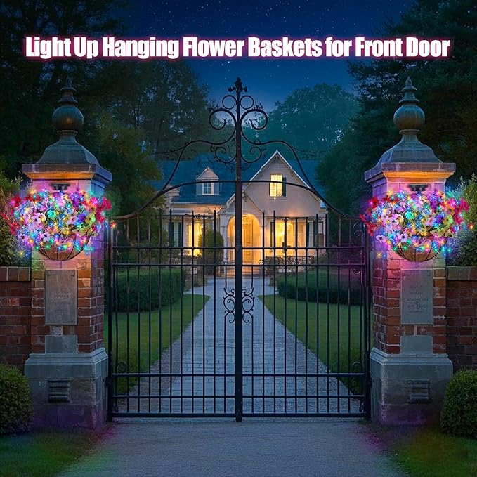 Solar Hanging Basket with Artificial Flowers: Outdoor Fake Flower Baskets with Solar String Lights for Fall Decor - 10 inch Plant Basket with Silk Faux Petunias for Porch Railing Fence Wall Door