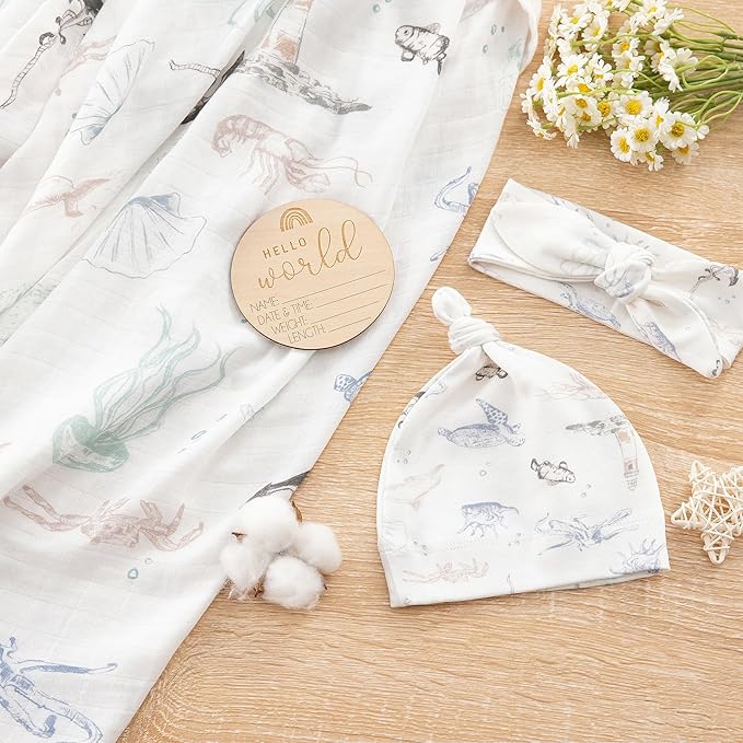 BabyWhale Muslin Swaddle Blanket with Hat and Headband Bow, Marine Animals Pattern Swaddle Set for Baby Boys ＆ Girls, Unisex Newborn Soft Receiving Swaddle Wrap, 47x47 inches