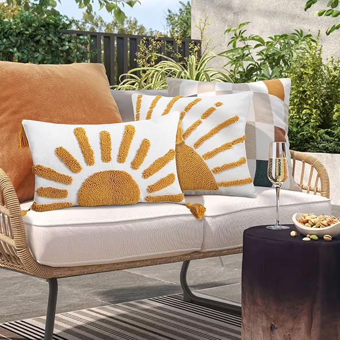 Adabana Boho Decorative Throw Pillow Covers 12x20 Lumbar Tufted Yellow Sun Sunshine Pillow Cover for Couch Bedroom Living Room Bed Sofa