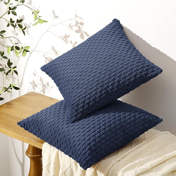 Softalker Throw Pillow Covers 18x18 Inch, Set of 2, Soft Corduroy Boho Stripe Decorative Pillow Cover, Couch Fluffy Pillow Cover for Farmhouse Home Decor Bed Living Room, Dark Blue