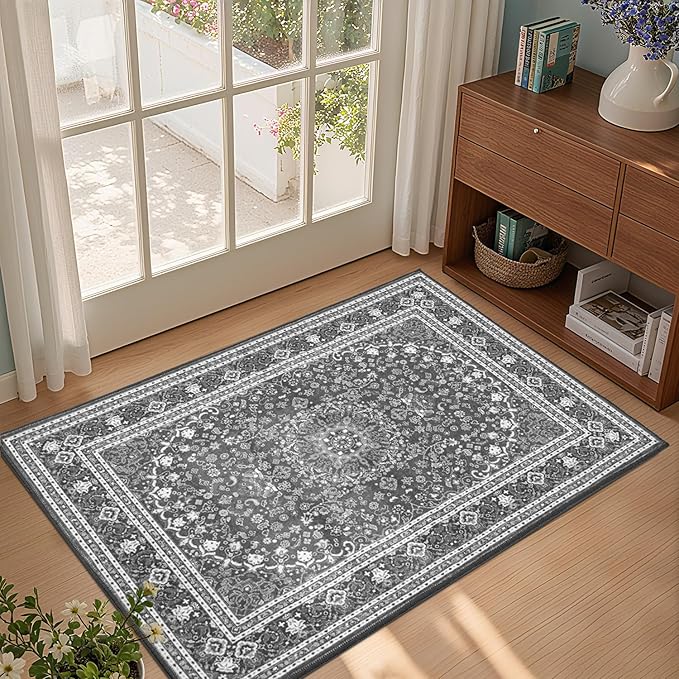 Lessymo 2 x 3 Entryway Rug - Machine Washable Area Rugs Boho Faux Wool Low Pile Area Rug for Bedroom, Floral Medallion Vintage Outdoor Rugs with Non-Slip Rubber,Grey White