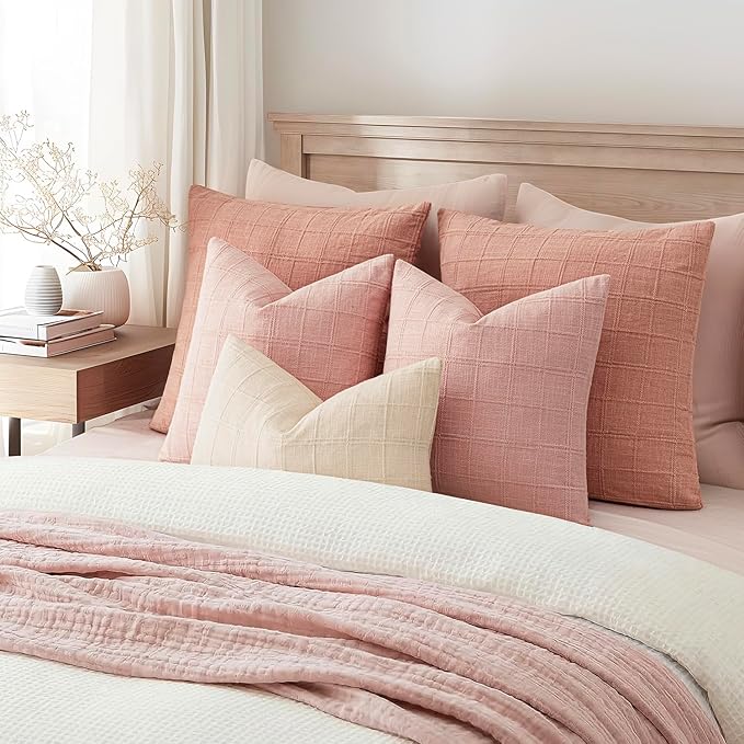 Foindtower Set of 2 Decorative Linen Check Throw Pillow Covers Neutral Farmhouse Vintage Cushion Covers Modern Boho Accent Home Decor for Sofa Chair Couch Bedroom Living Room,24×24 Inch,Light Pink