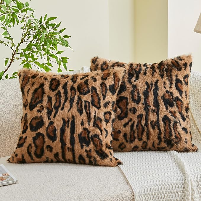 MOOX Rabbit Fur Throw Pillow Covers Decorative Fluffy Soft Fuzzy Plush Luxury Genuine Animal Skin Lumbar Pillow 18"x18" Cushion Cover, Leopard Print