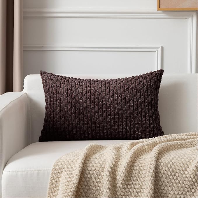 Kevin Textile 12x24 Inch Pillow Cover 1 Pack Boho Decorative Soft Striped Corduroy Lumbar Farmhouse Accent Rectangle Cushion Case for Living Room Couch Sofa Bed, Coffee