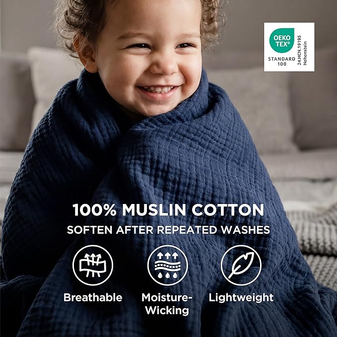 Bedsure 100% Cotton Muslin Throw Blanket Twin XL for Bed - 4-Layer Breathable and Lightweight Thin Soft Summer Gauze Muslin Blankets for Adults, Navy Blue, 66x90 Inches