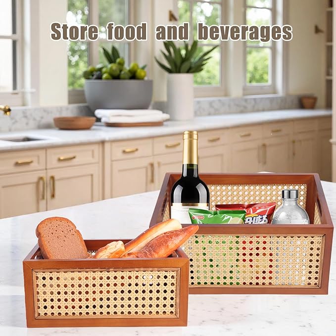 Rattan Storage Baskets Set, Wooden Frame with Woven Cane Design, Nesting Organizer Bins for Living room Bedroom Bathroom Kitchen Shelf, Set of 2
