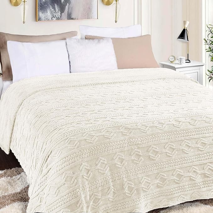 Superior Fleece Boho Jacquard Blanket, Decorative Blankets for Bedroom, Sofa, Fuzzy, Plush, Fluffy, Soft, Cute Room Decor, Beautiful Cover, Comfort Essentials, Arctic Collection, Throw XL, Ivory