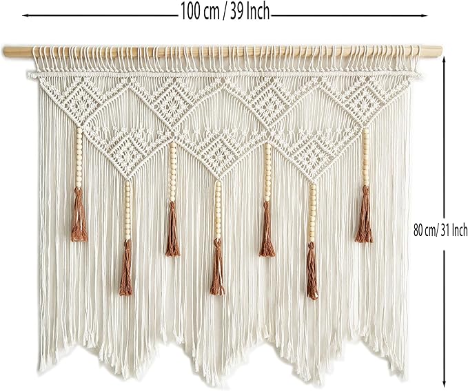 Youngeast Large Macrame Wall Hanging Boho Woven Tapestry Bohemian Macrame Wall Decor Handmade Tassel Tapestry Home Decoration for Bedroom Living Room 39"X31" (Wood Dowels Not Included) (Beige)