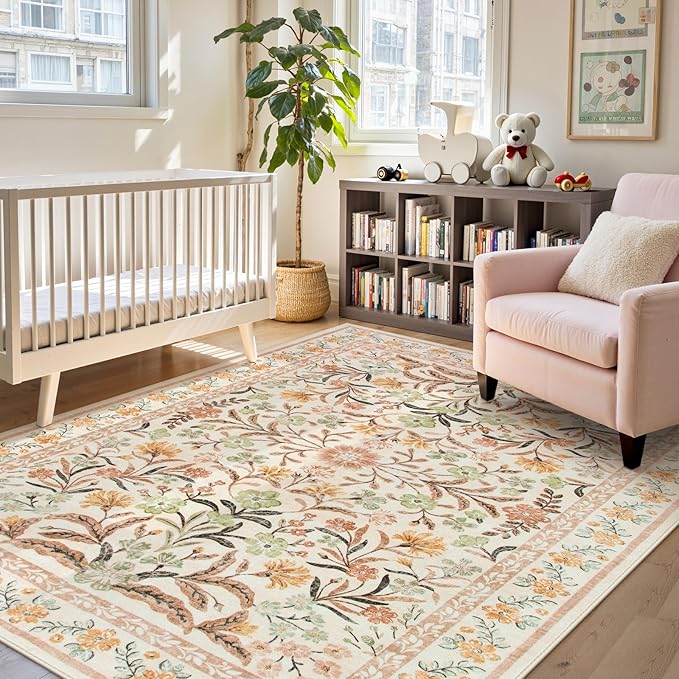 Lahome Sylvie Fall Boho Washable Area Rugs 5x7 for Bedroom, Bohemian Brown Rugs for Living Room, Soft Floral Thin Carpet for Kids Room Apartment Dorm Home Decor, Ochre Fall