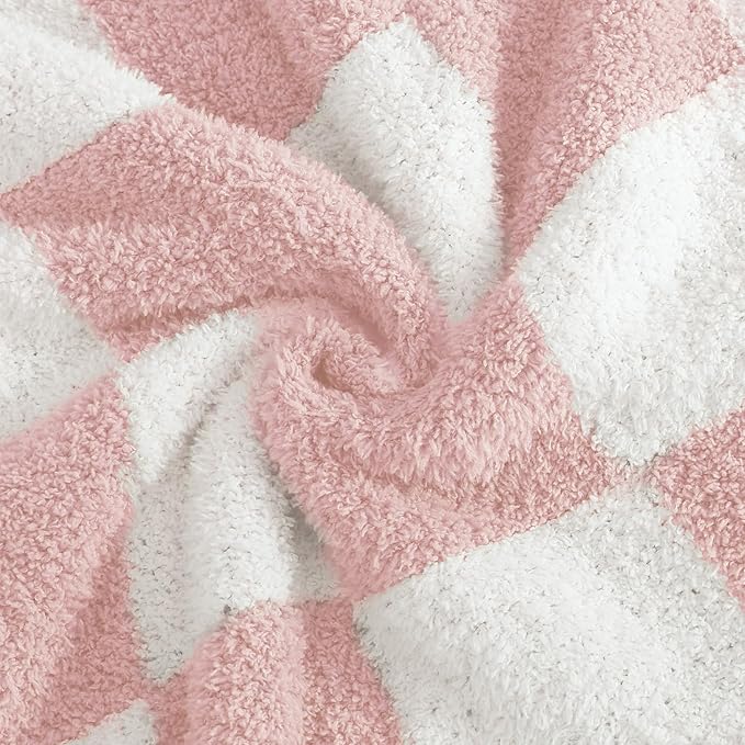 WRENSONGE Checkered Throw Blanket, Pink Soft Cozy Fluffy Warm Hand Made Throw Blankets for Couch, Sofa, Chair, Bed, Camping, Picnic, Travel Lightweight Bed Blanket - 30"*40"