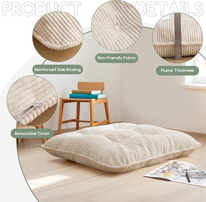 35" Washable Floor Pillow Cushion for Adults, Meditation Cushion Pillow, Extra Large Square Floor Sitting, Removable Tufted Corduroy Cover, for Tatami Living Room or Yoga, Beige, Machine Washable