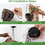 Solar Hanging Basket with Artificial Flowers: UV Resistant Fake Plants Basket with RGB Lights for Summer Decor - 2 Pack Cone Baskets with 8PCS Faux Silk Flower Flowers for Outdoor Garden Porch Patio