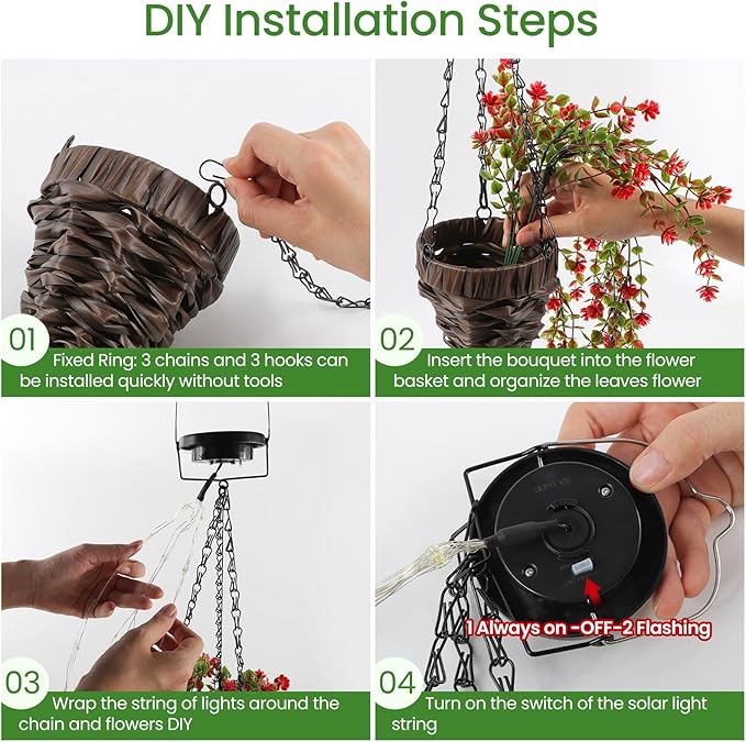 Solar Hanging Basket with Artificial Flowers: UV Resistant Fake Plants Basket with RGB Lights for Summer Decor - 2 Pack Cone Baskets with 8PCS Faux Silk Flower Flowers for Outdoor Garden Porch Patio