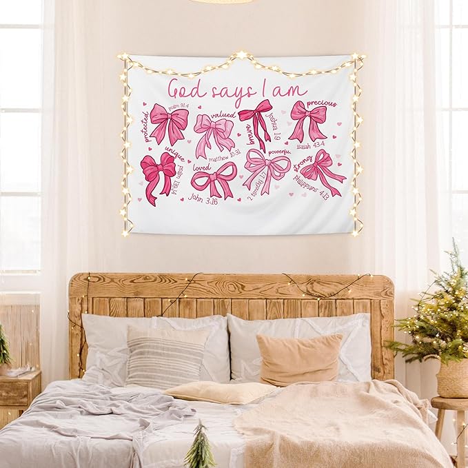 AQYIP Coquette Pink Bow Christian Tapestry Wall Hanging, God Says I Am Inspirational Bible Verse Tapestry Decorative, Pink Girly Christian Wall Decor for Room, 50x60 Inch