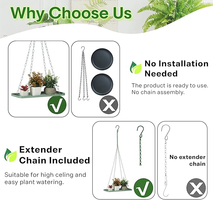 Shinehola Hanging Planters for Indoor Outdoor Plants (Length - 15.5"), Plant Hanger Indoor | Large Metal Hanging Plant Holder, Hanging Planter Shelf, No Plant/Pot Included (Green, 1-Tier)