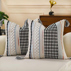 Set of 2 Boho Pillow Covers with Tassels Black White 18x18 Inch Farmhouse Decorative Chenille Tufted Striped Throw Pillow Covers, Neutral Accent Square Pillowcase for Couch Bed Living Room