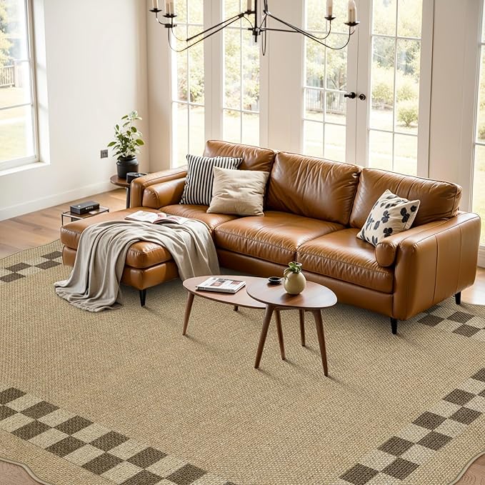LIVEBOX Scalloped Easy Jute Checkered 8x10 Outdoor Rug, Washable Farmhouse Tan Rugs for Living Room Bedroom, Geometric Indoor Outdoor Non Slip Rug Dining Room Mat Carpet for Patio Backyard Home Decor
