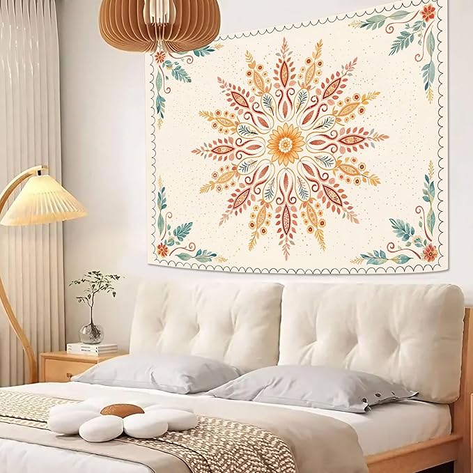 Accnicc Boho Floral Mandala Tapestry for Bedroom Bohemian Flower Wall Tapestry Aesthetic Small Watercolor Yellow Beige Hippie Indian Tapestries Wall Hanging for Living Room Dorm Decor 48 x 32 Inch