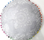 CRAFT KALA Large Round Bohemian Floor Pillow Pouf Cover Mandala Meditation Room Pillow Cover for Adults Boho Seating Poufs Cushion Cover for Kids Playroom 32" Round Silver Flower