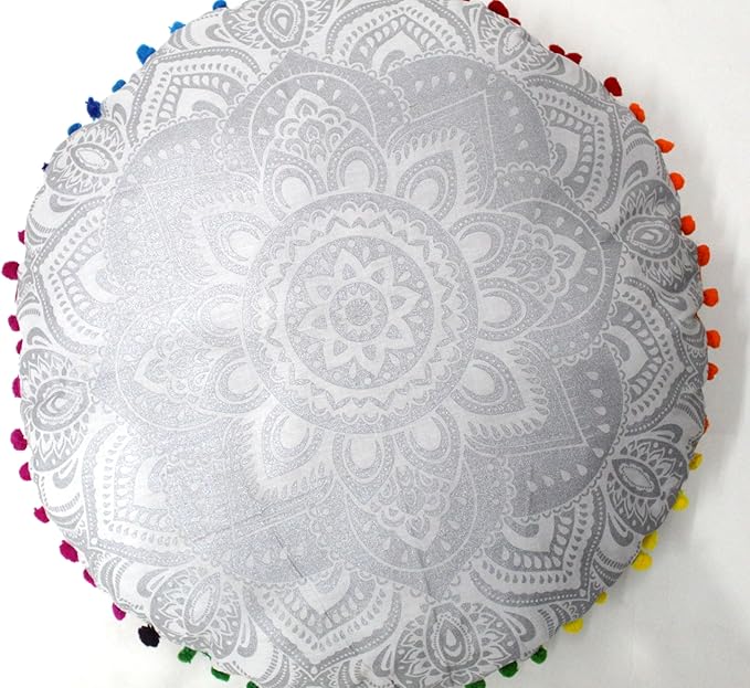 CRAFT KALA Large Round Bohemian Floor Pillow Pouf Cover Mandala Meditation Room Pillow Cover for Adults Boho Seating Poufs Cushion Cover for Kids Playroom 32" Round Silver Flower