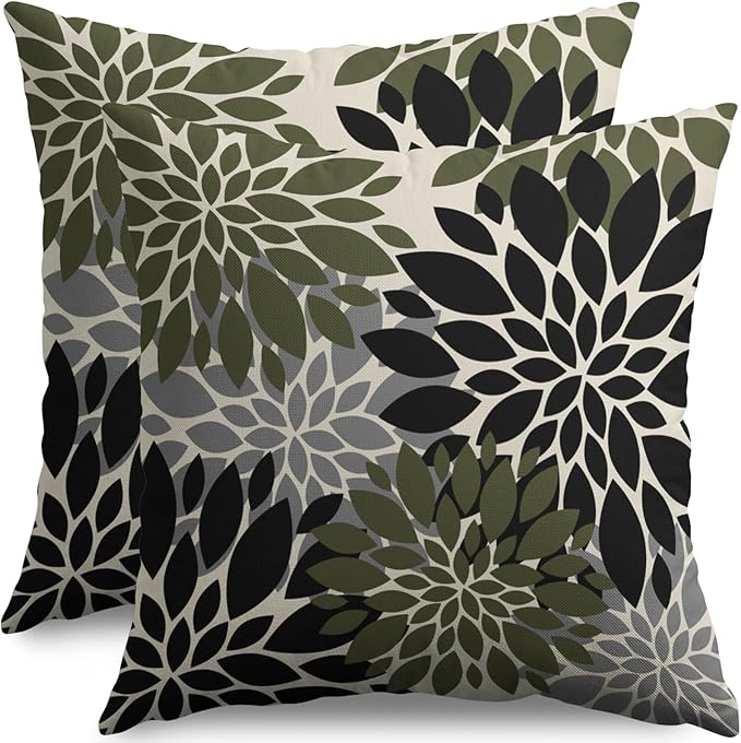 Black Olive Green Pillow Covers 22X22 Inch Set of 2, Spring Summer Floral Dahlia Flower Cream Decorative Throw Pillow Covers Outdoor Modern Farmhouse Cushion Case for Home Couch Sofa Bed Decor