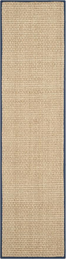 SAFAVIEH Natural Fiber Collection Runner Rug - 2'6" x 10', Natural & Blue, Seagrass, Basketweave Pattern with Border (NF114E)