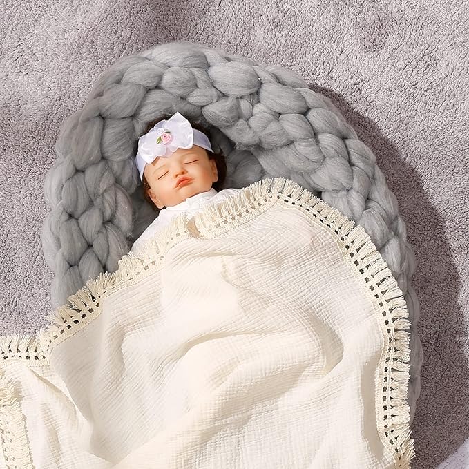 insular Cotton Muslin Baby Blanket with Tassel, Boho Bohemian Muslin Swaddle Blanket Baby Receiving Blanket with Fringe, Nursery Decor Throw or Nursing Blankets, 47" x40”, Beige