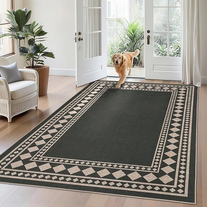 GarveeHome Easy Jute Rug 8x10 Washable Jute Rugs for Living Room, Non-Slip Outdoor Rug for Patio, Modern Indoor Solid Bordered Rugs for Dining Room Table Bedroom Patio Farmhouse, Black