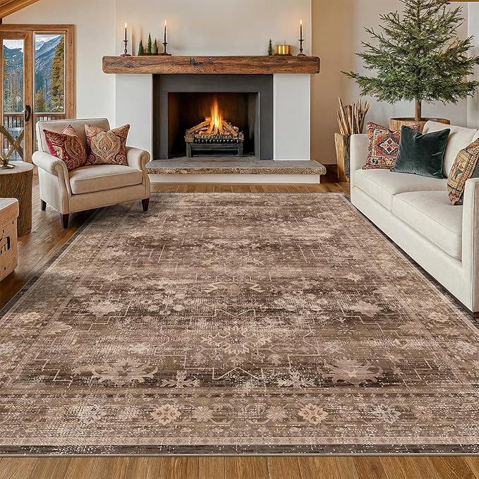 Boho Brown Living Room Rug 7x9 - Vintage Traditional Eclectic Oriental Neutral Taupe, Washable Low Pile Non-Slip Extra Large Area Rugs for Dining Under Table Bedroom Lounge
