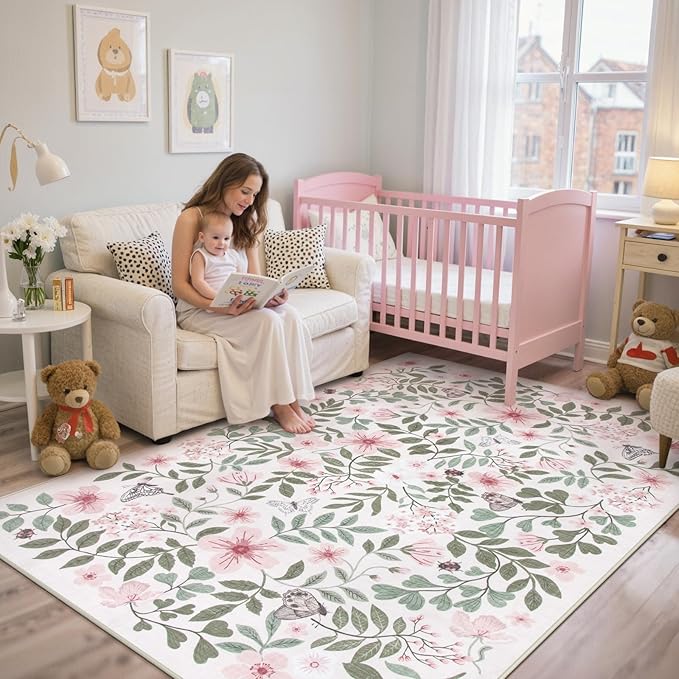 Lahome Reverie Pink Floral Rugs for Girls Bedroom 5x7, Washable Soft Nursery Decor Shabby Chic, Non-Slip Thin Carpet for Kids Room, Baby Girl Nursery, Dorm, Cozy Reading Nook