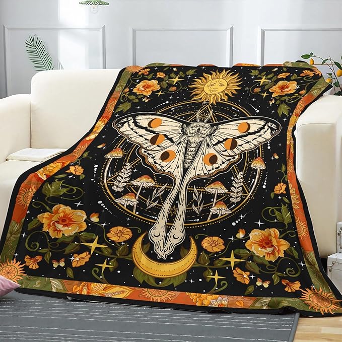 Lifeel Orange Moth Throw Blanket, Retro Boho Flower Butterfly Sun Moon Star Aesthetic Cozy Decor Nap Blankets Gift Sofa Bed Couch Chair or Dorm Throws 40×50 inches