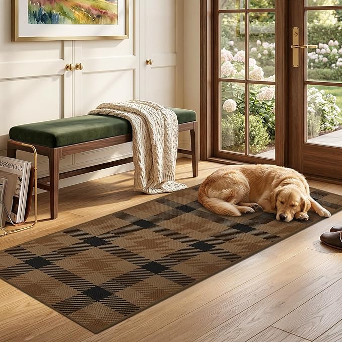 2x6 Runner Rug for Entrance Indoor - Brown Checkered Outdoor Runner Rug for Porch, Patio, Balcony, Non Slip Hallway Carpet 6ft, Washable Kitchen Mat - Easy Jute Earthy Tan Rustic Accent Décor