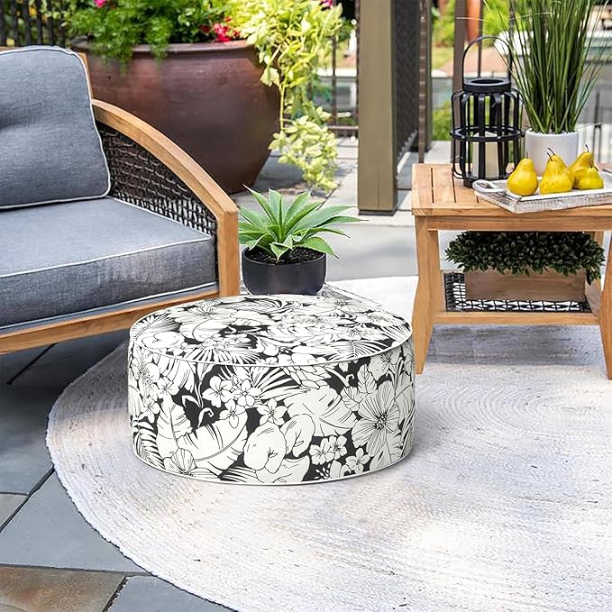 Indoor/Outdoor Inflatable Ottoman with Handle, Decorative Fade-Resistant Round Footstool D21 x H9 inch, Portable Ottoman Pouf for Patio Garden Camping, Tropical Blossom Noir