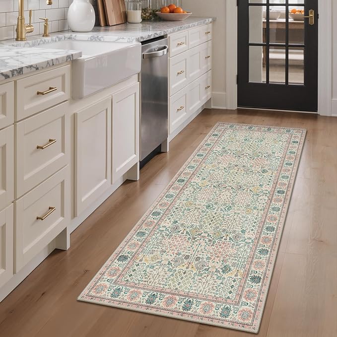 Bavni 2'6''x6 Rug Runners for Hallways, Washable Runner Rug Non Slip, Vintage Floral Print Style Rugs for Bedroom-Lightweight Low Pile Carpet for Hallways Bathroom, Pink