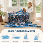 Boho Throw Blanket - 100% Cotton Ultra Soft Muslin Spring Blanket, 60"x80" Lightweight Floral Butterfly Framhouse Bedding Blanket for Bed, All Season Blue Bohemian Bedroom Home Decor Quilt
