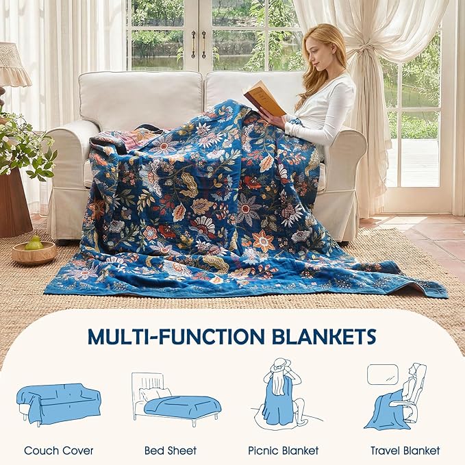 Boho Throw Blanket - 100% Cotton Ultra Soft Muslin Spring Blanket, 50"x60" Lightweight Floral Butterfly Framhouse Bedding Blanket for Bed, All Season Blue Bohemian Bedroom Home Decor Quilt
